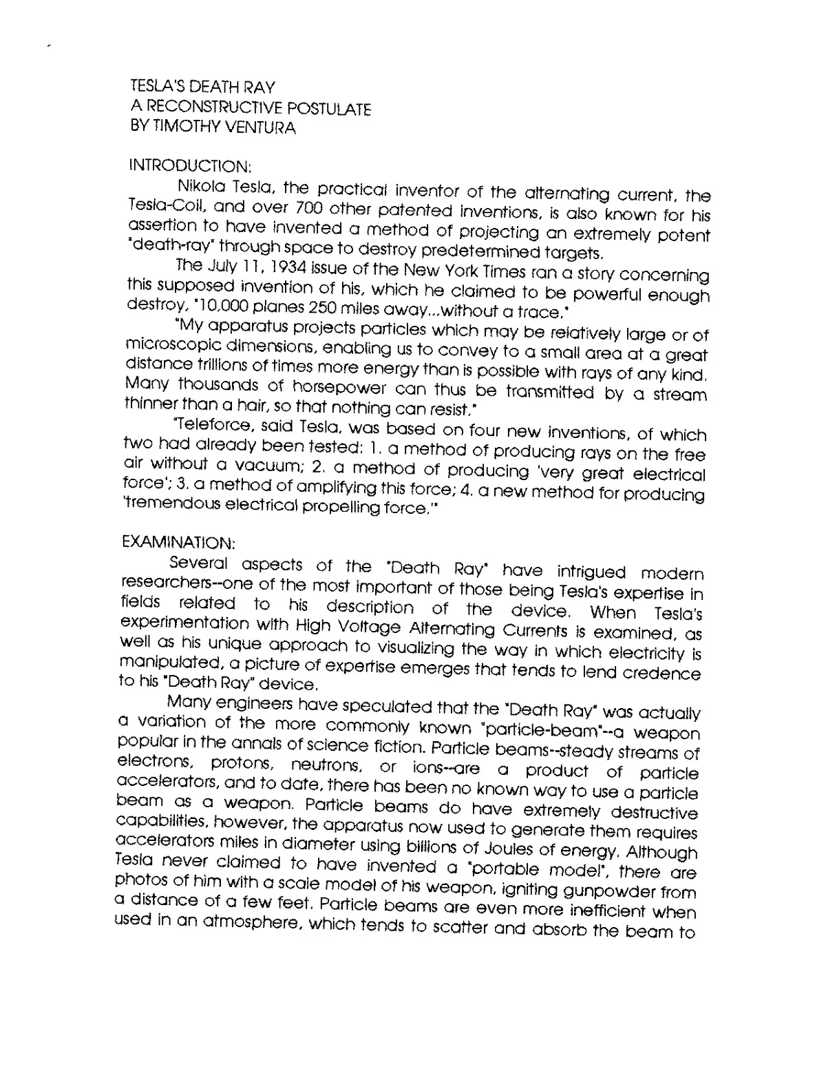 A historical article discussing Nikola Tesla's 'Death Ray' invention, detailing his claims and experiments related to particle beams and energy transmission